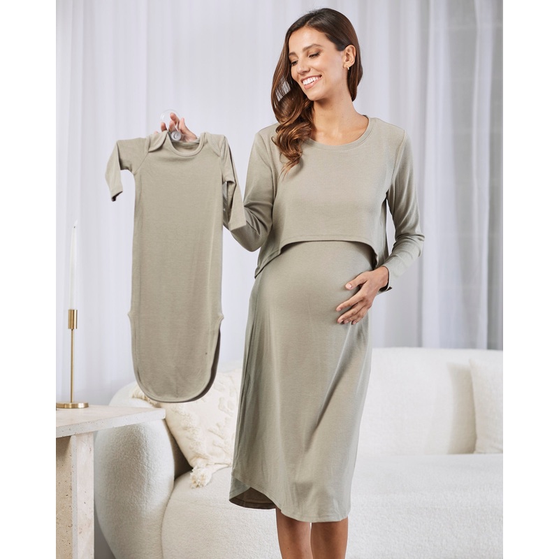 2-Piece Leah Maternity Loungewear/Sleepwear Set + Matching Baby Onesie – Sage Green XS