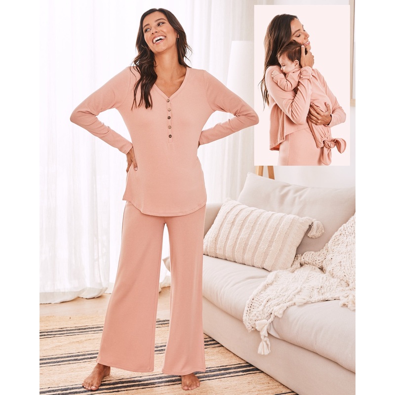 3-Piece Isabelle Maternity Loungewear / Sleepwear Set – Dusty Pink XS