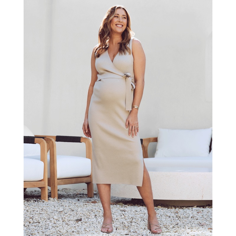Barbara Knit Maternity Midi Dress in Sand XS