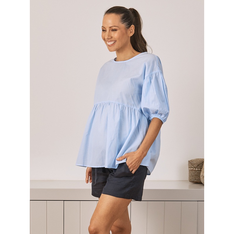 Brigitte Maternity Cotton Blouse Top – Blue Stripe XS 229LUST – 0404C
