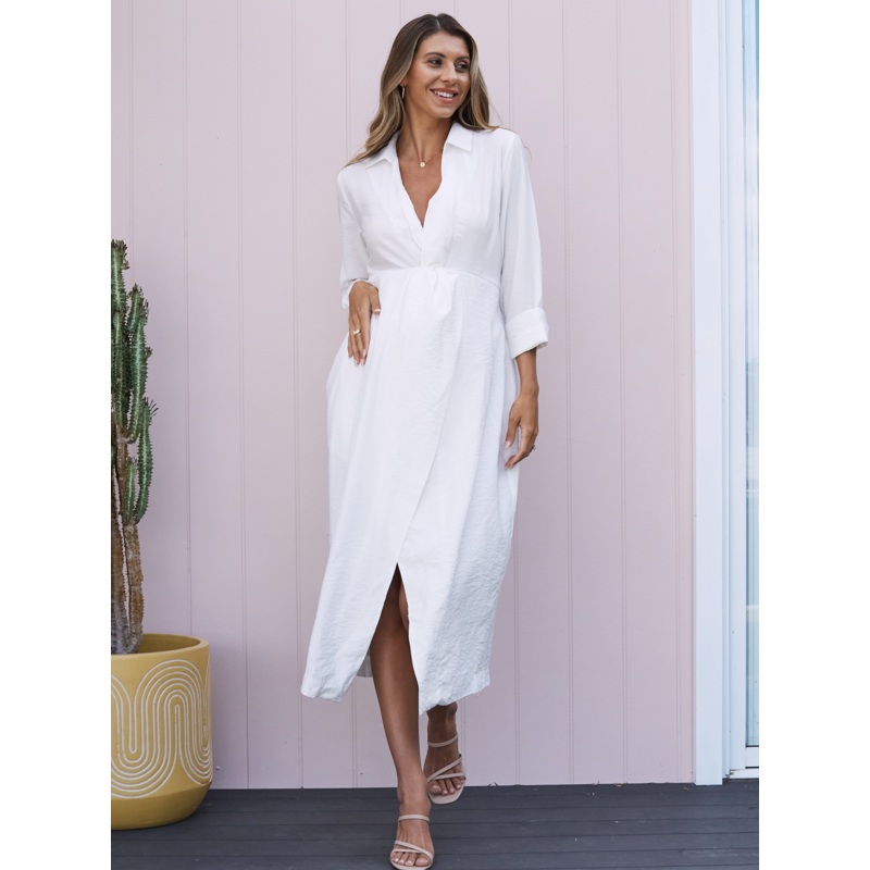 Camille Maternity V Neck Dress in White XS