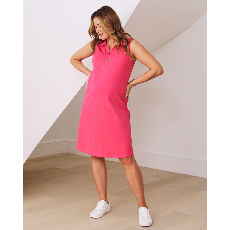 Cassie Maternity & Nursing Polo Dress In Hot Pink XS