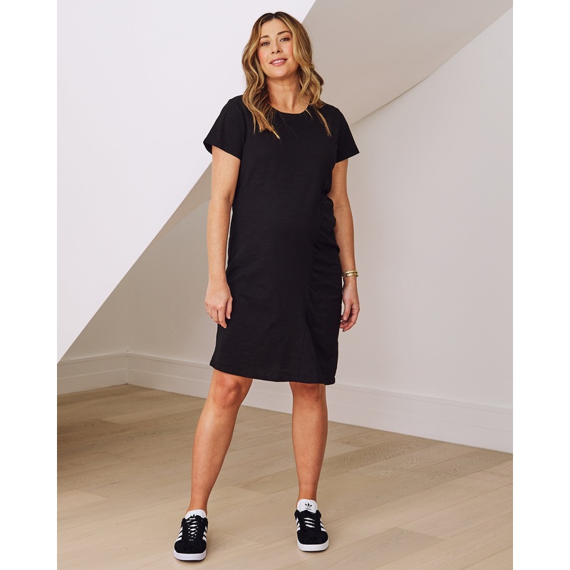 Delphy Cotton Maternity Tee Dress In Black XS