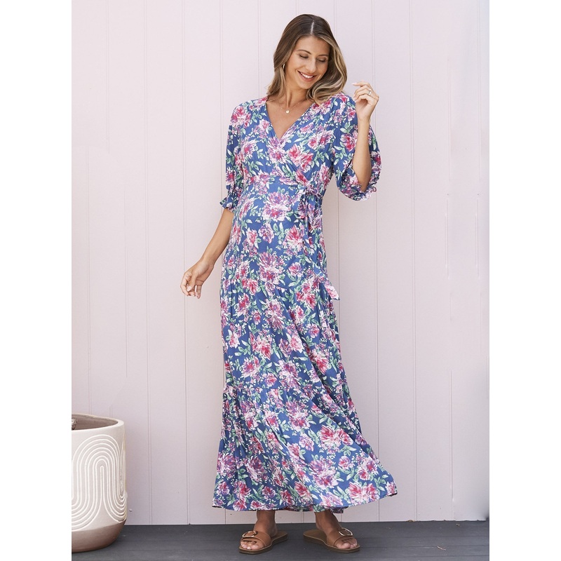 Elise Baby Shower Maternity Wrap Dress in Blue Flora XS 8302PKF – 0101C