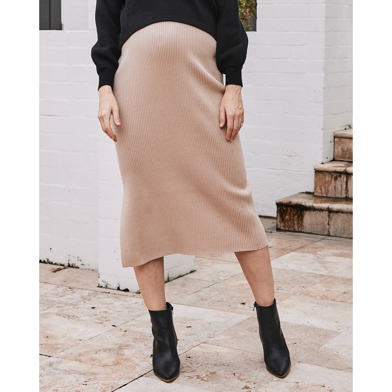 Jade Wool Blend Knit Maternity Side Split Skirt – Beige XS