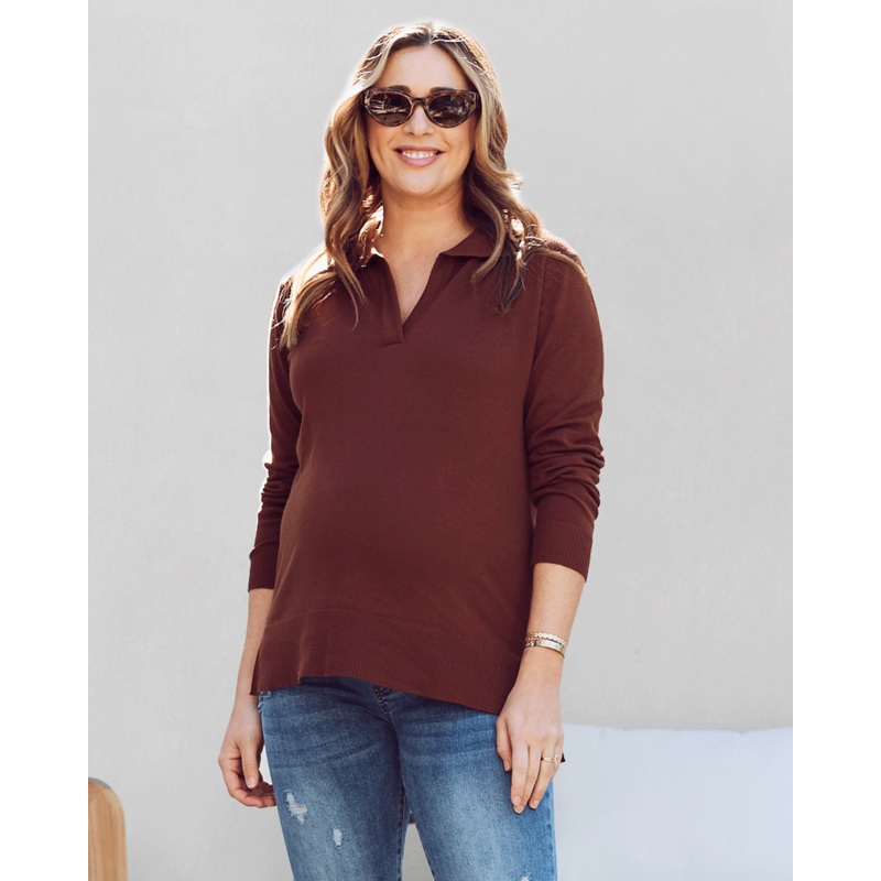 Jolie Maternity Lightweight Polo Knit Sweater in Brown XS
