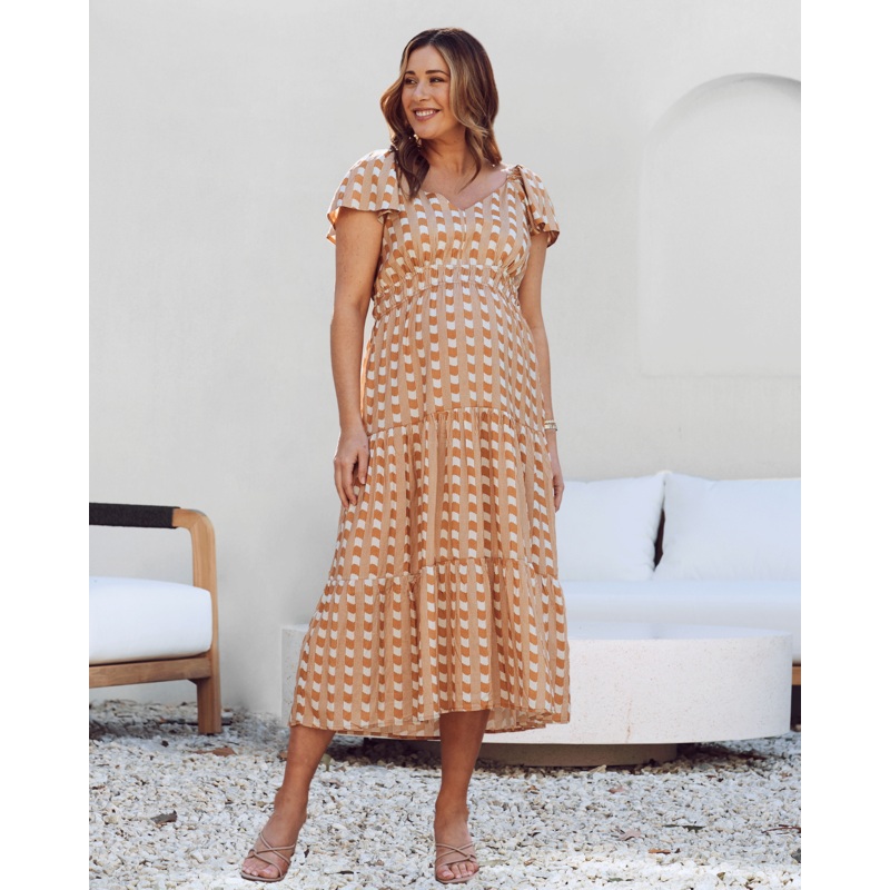 Layla Maternity Ruffled Dress in Sandstone Stripe XS