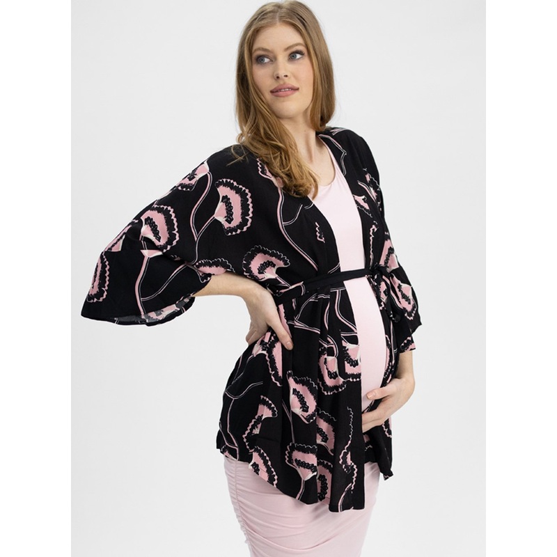 Loose Fitted Kimono Style Top with Waist Tie – Black & Pink XS 235D-#D-1