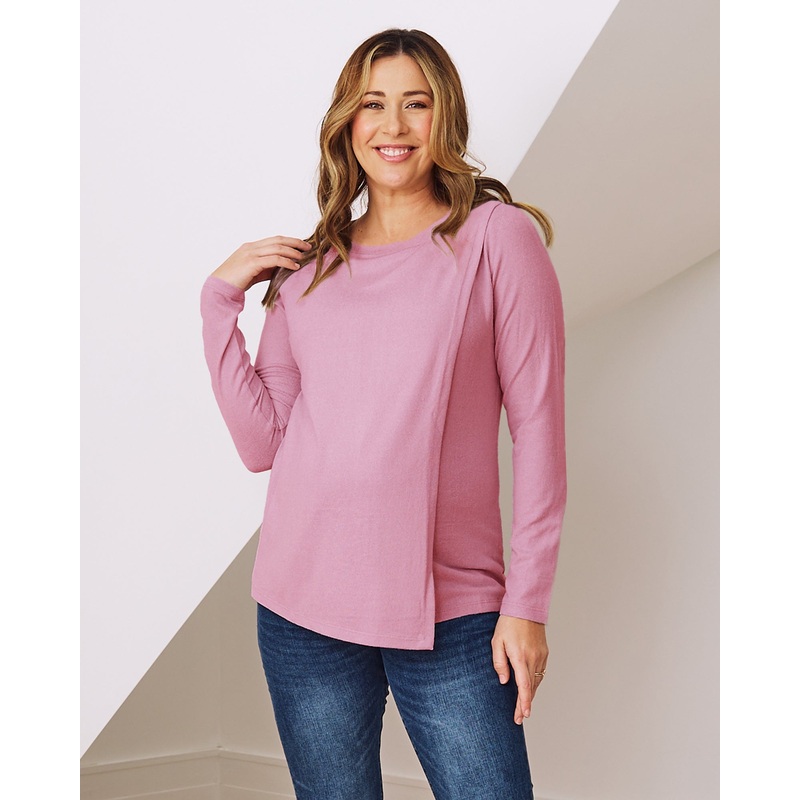 Madeline Long Sleeve Nursing Brushed Top  – Pink Pink XS