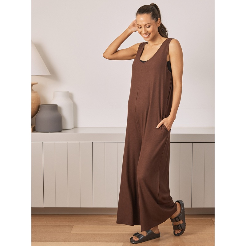Marion Maternity Ribbed Jumpsuit in Chocolate S 8441RB – 0103A #D-5