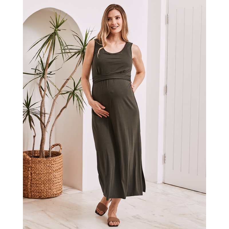 Martina Maternity & Nursing Maxi Dress in Khaki S N101KH-#D4