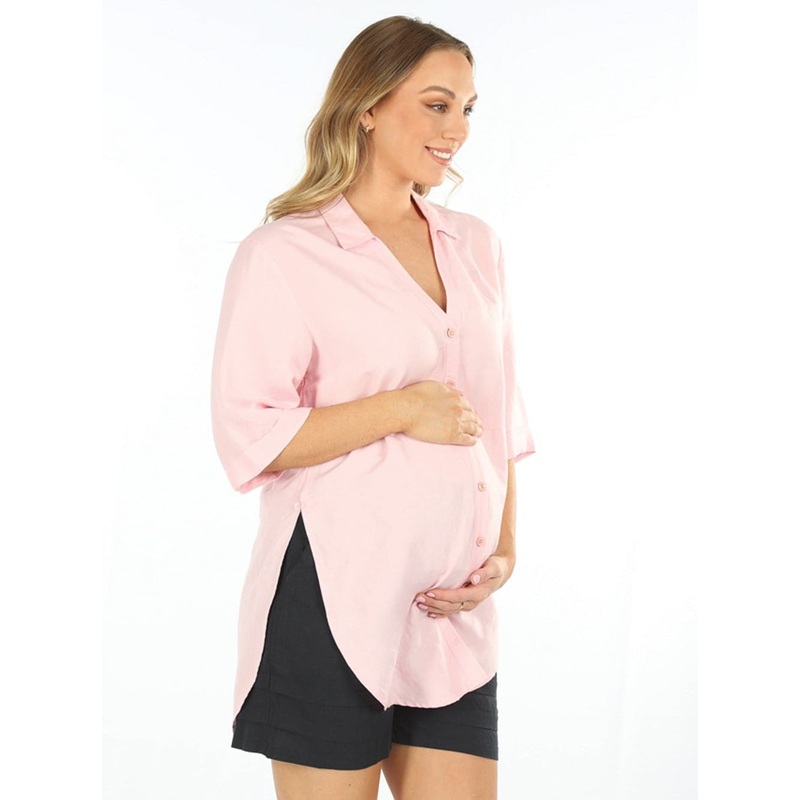 Maternity and Breastfeeding Linen Shirt in Pink XS 291F