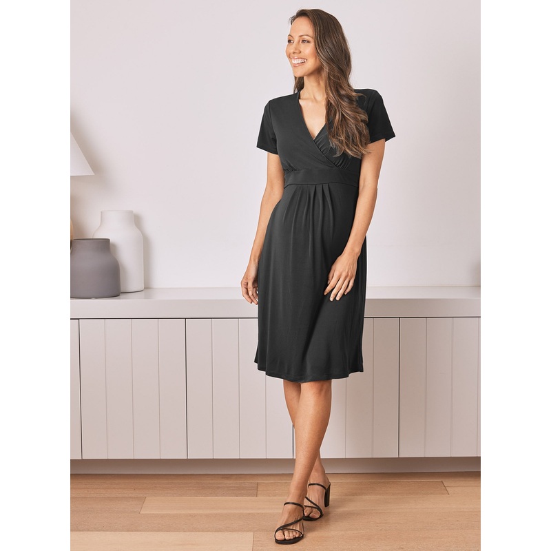Maternity Crossover Neckline Tie Back Jersey Work Dress in Black XS