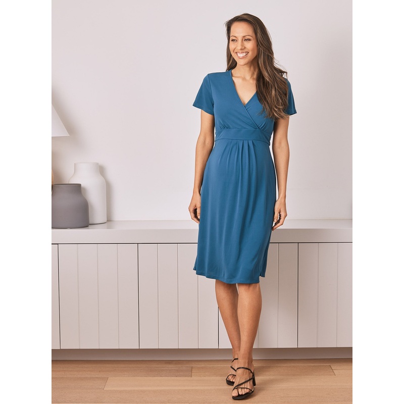 Maternity Crossover Neckline Tie Back Jersey Work Dress – Teal XS 8213TEL – 0901C #D-5