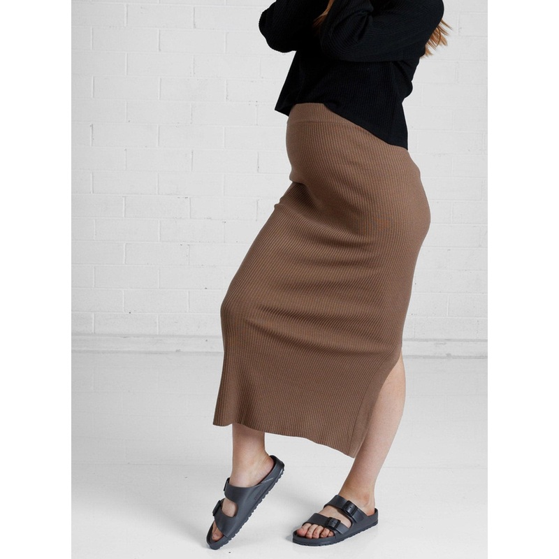 Maternity wool blend knit Skirt with side split in Brown Brown S N382TAP – 0604C