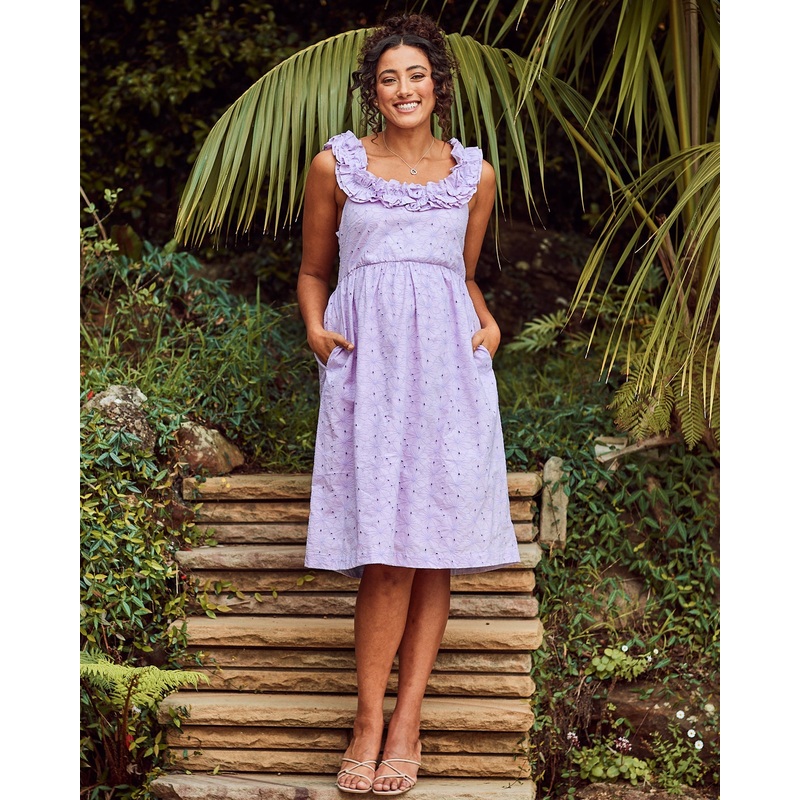 Natalie Maternity Ruffled Neckline Eyelet Dress in Lilac XS Lilac 863PUE