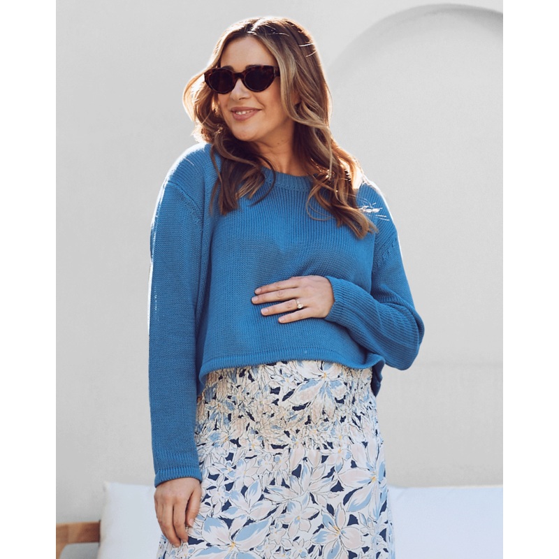 Phoebe Maternity Cropped Knit Sweater in Blue XS/S