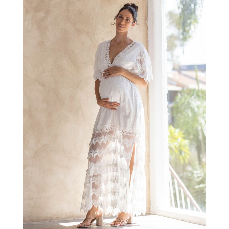 Roxy Lace Baby Shower Dress – White XS