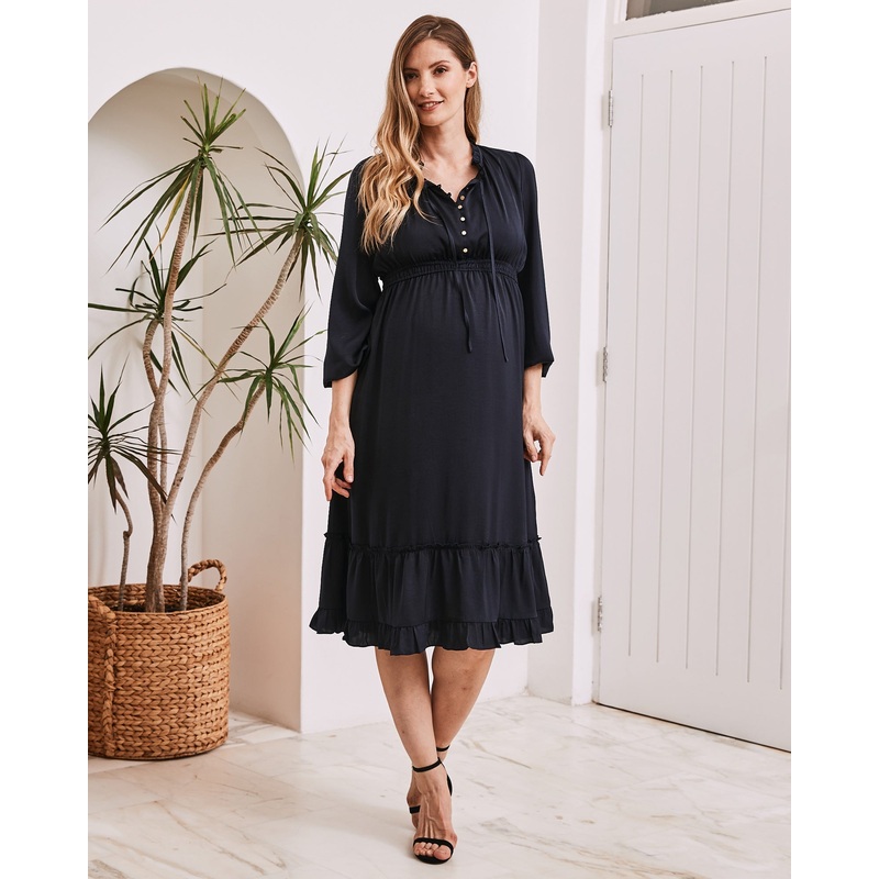 Stelle Baby Shower Button Front Midi Dress in Navy XS