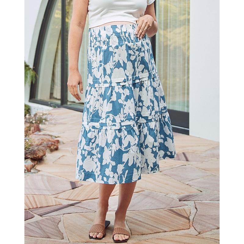 Tracy Maternity Tiered Midi Skirt in Blue Floral XS