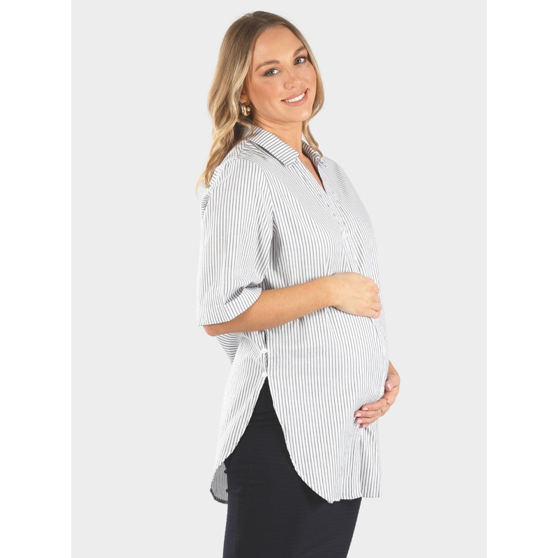 White Maternity & Nursing Cotton Shirt in Navy Stripes XS 291G
