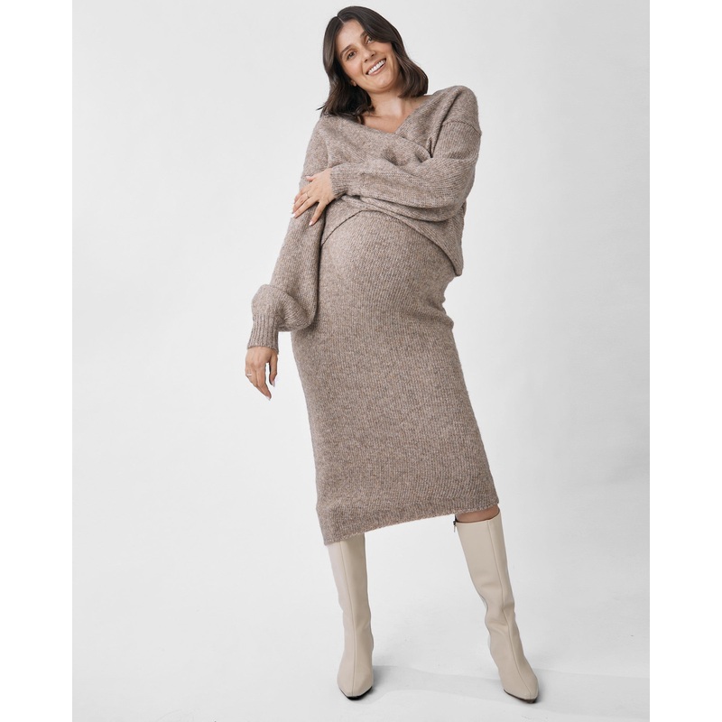 2 Pieces Amlie’s Knit Set-Crossover top & Asymmetrical Skirt in Taupe XS