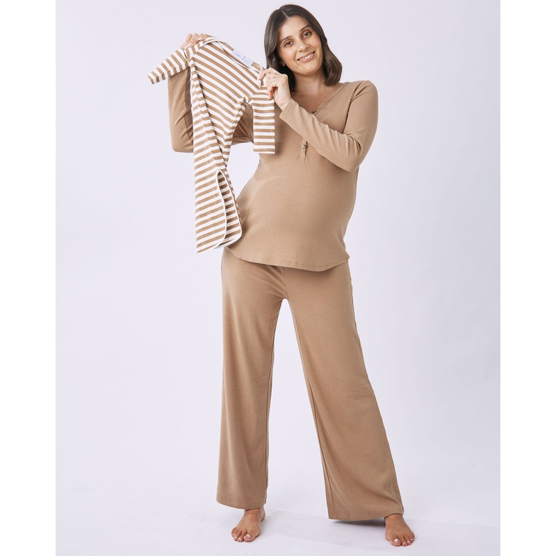 3-Piece Isabelle Maternity Sleepwear PJ set-Taupe XS