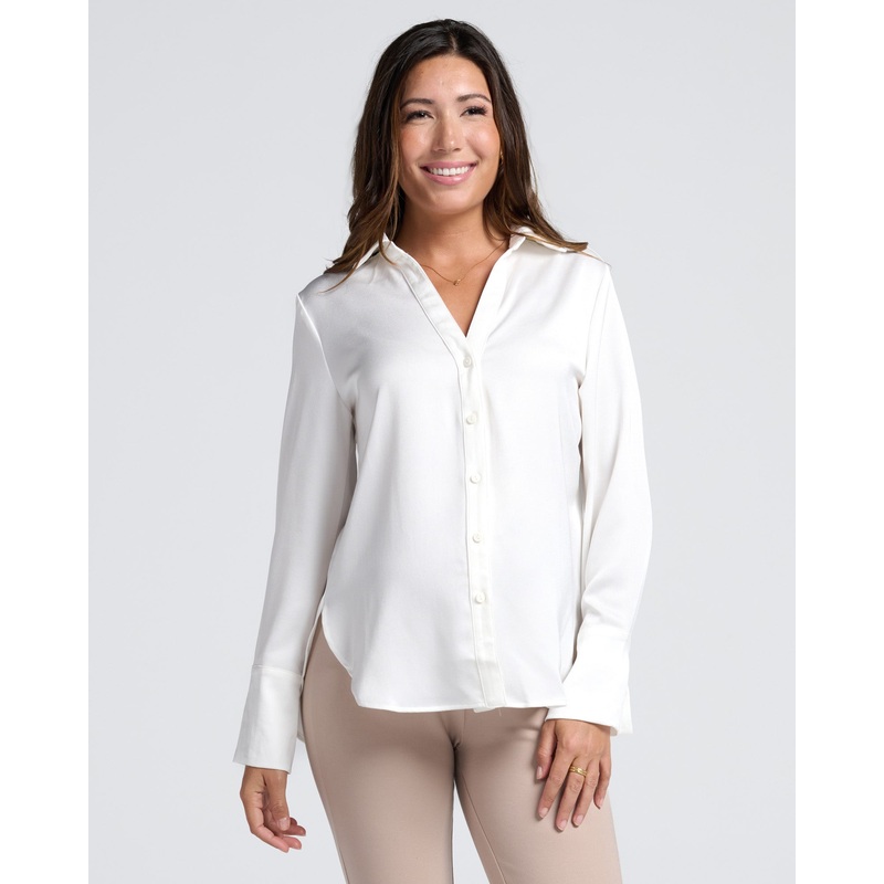 Amelia Elegant Satin-Finish White Maternity Work Shirt XS