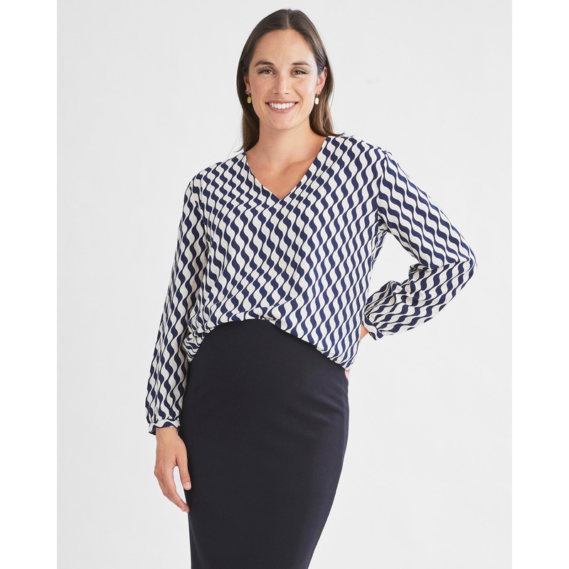 Ashley Geometric Wave-Print V-Neck Long-Sleeve Blouse XS