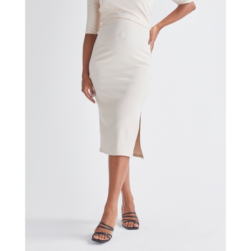Athena Maternity Pencil Midi Skirt In Oat Milk XS