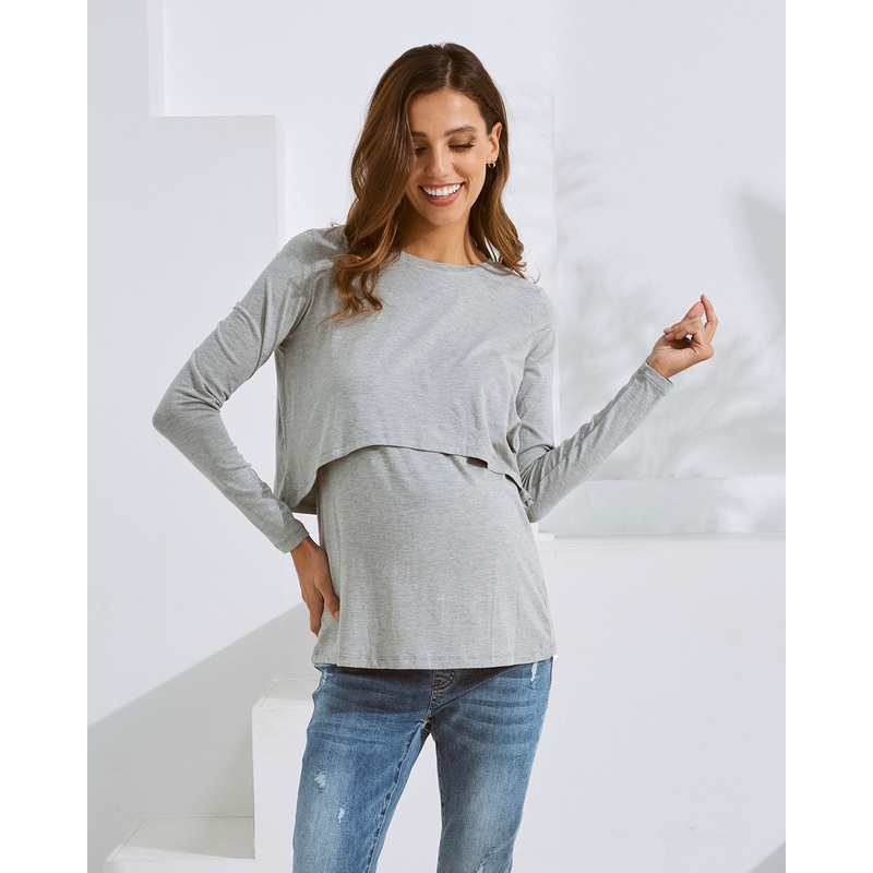 Bamboo  Long Sleeve Maternity and Nursing Top – Grey Marl XS