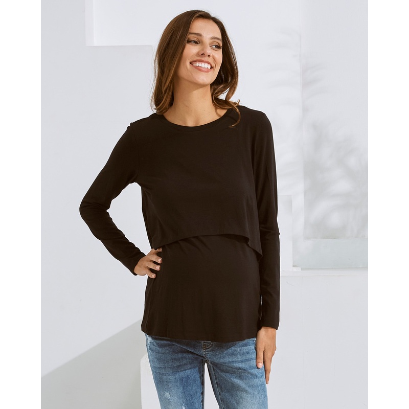 Bamboo Long Sleeve Maternity and Nursing Top in Black XS