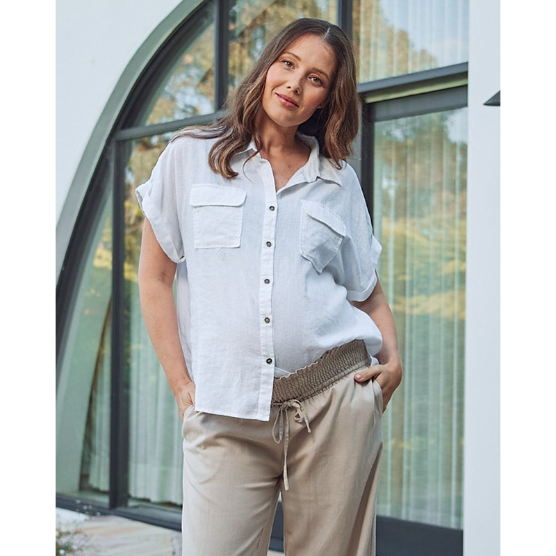 Brooke Maternity Short Sleeve Linen Shirt – White XS/S