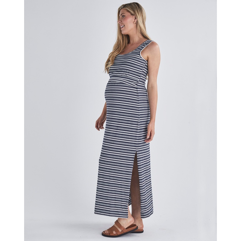 Busy Mama Nursing Maxi Dress in Dark Navy Stripes XS