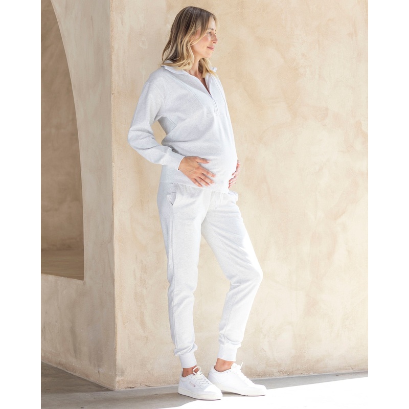 Calla Zip Front Maternity Sweatsuit Set in Light Marl Grey XS