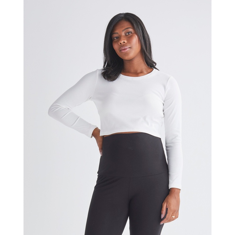 Celia Maternity Long Sleeve Cotton Crop Tee – White XS