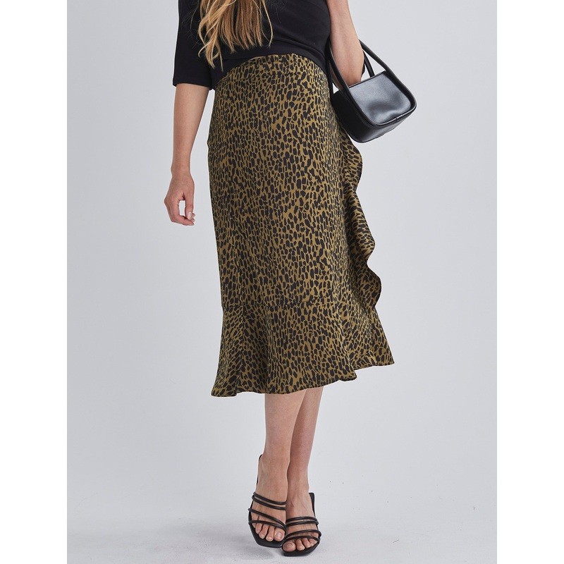 Christie Maternity Wrap Midi Skirt in Khaki Leopard Print XS