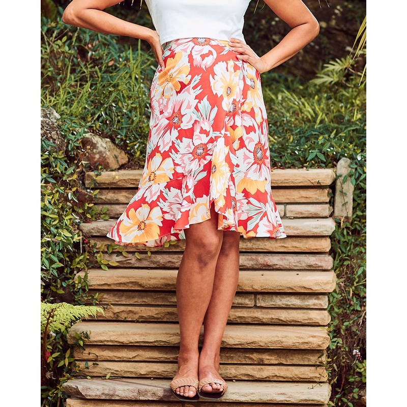 Christie Maternity Wrap Midi Skirt in Red Floral Print S