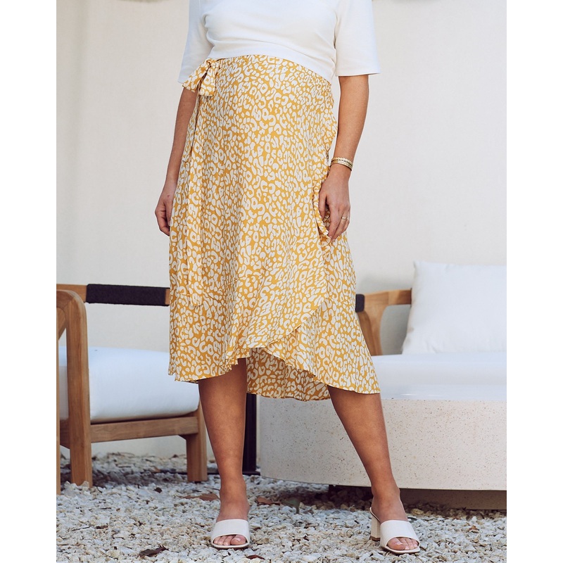 Christie Maternity Wrap Midi Skirt in Yellow Animal Print S