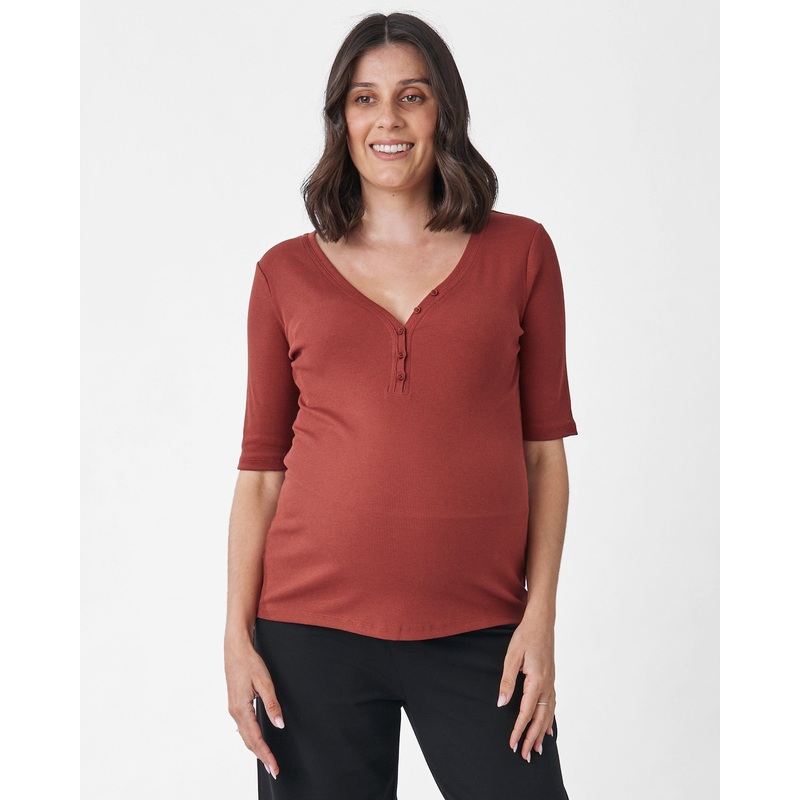 Comfortably Chic Maternity Henley Top in Brick Red XS