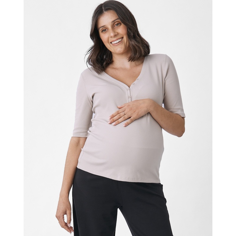 Comfortably Chic Maternity Henley Top in Wolf White XS