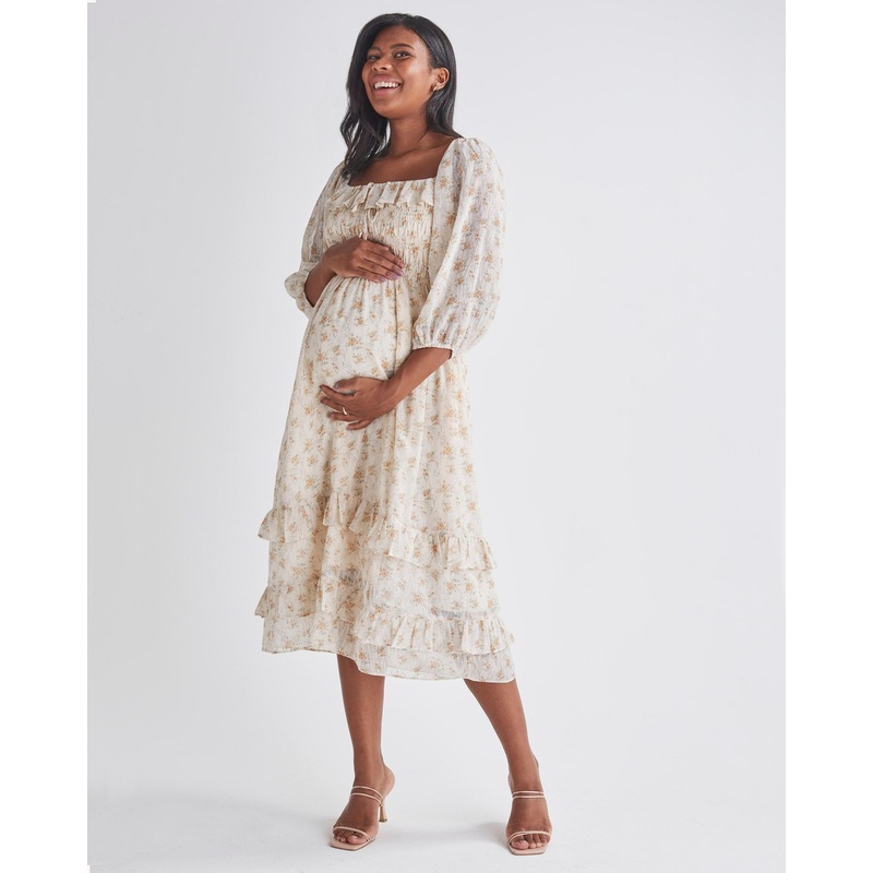 Daisy Romantic Cream Print Maternity Baby Shower Dress XS