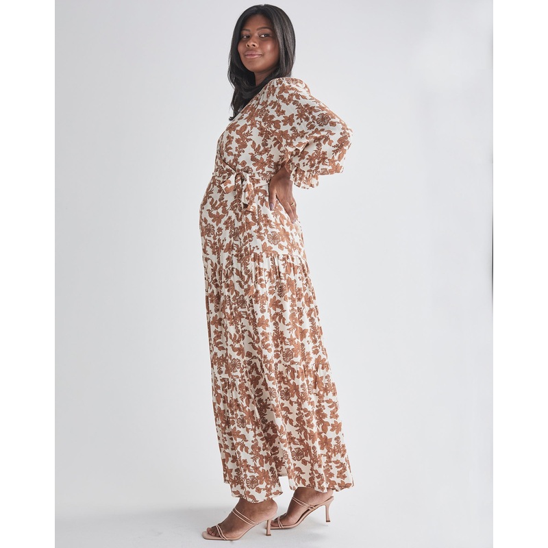 Elise Maternity Wrap Dress Nude Floral Print in White XS