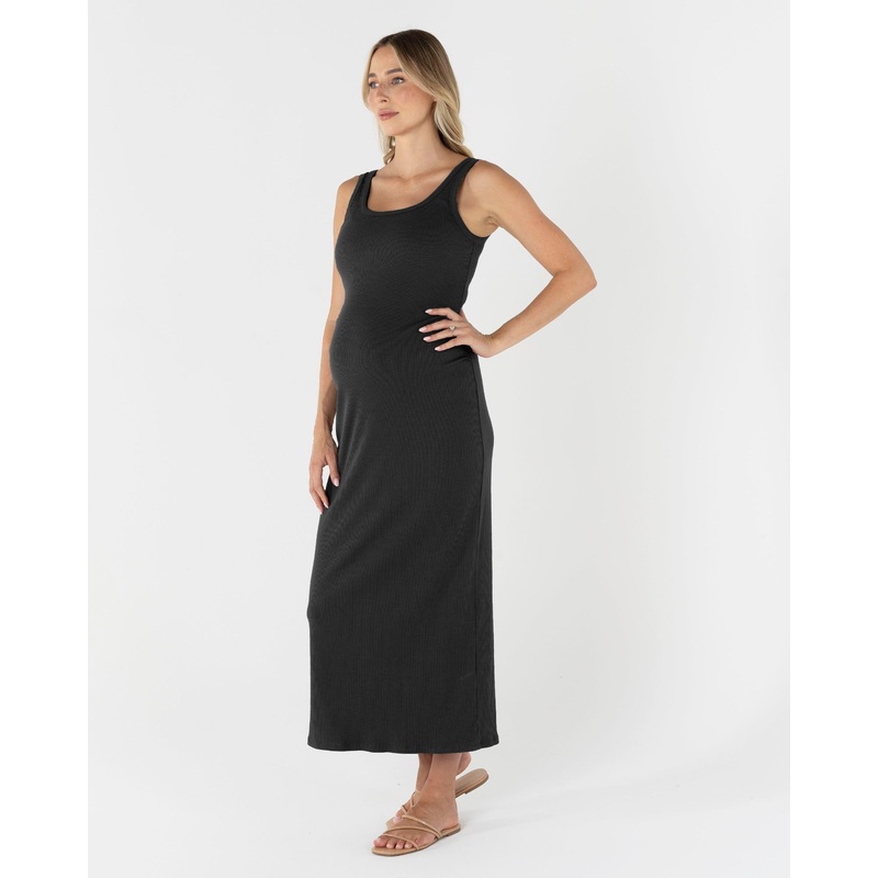 Eliza Maternity Ribbed Tube Midi Dress In Black XS