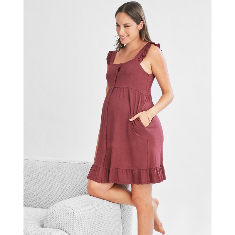 Grace Hospital Birthing Gown/Night Dress with Nursing Access – Burgundy Red XS