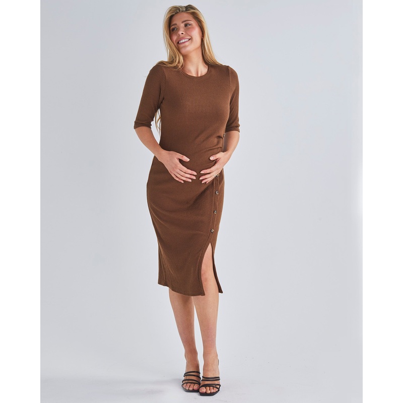 Juliet Maternity Bodycon Dress with Side Button Detail in Brown XS