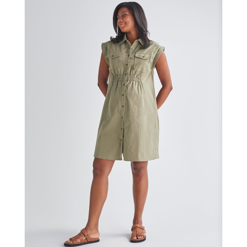Kaya Maternity Safari Shirt Dress In Khaki XS