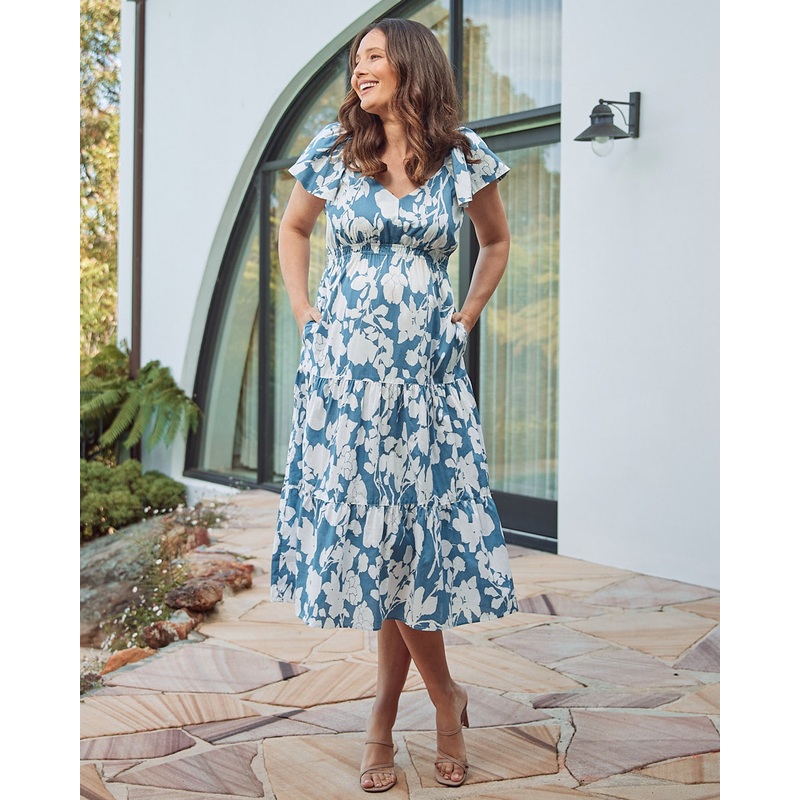 Layla Maternity V Neck Ruffled Sleeve Dress In Blue Floral XS