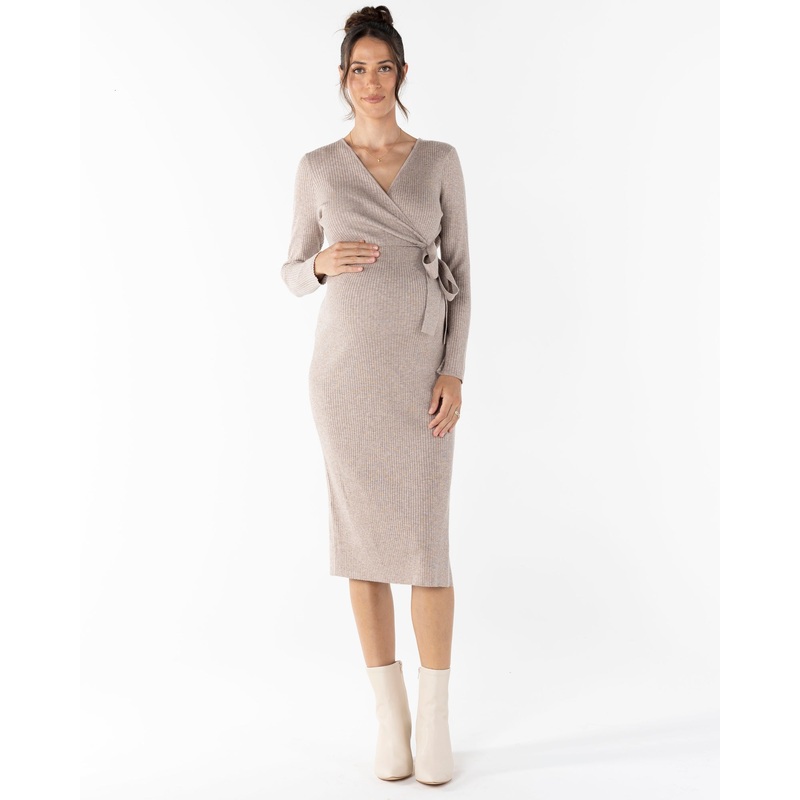 Lucille Knit Maternity Midi Dress in Taupe XS