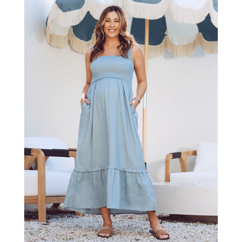 Margot Maternity Shirred Dress in Light Blue XS